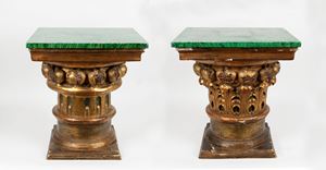  - Two carved and gilded wooden bases with imitation malachite scagliola top, 20th century