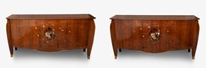 Leleu Jules - Important and rare pair of commodes inlaid with mother of pearl and various woods