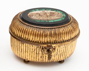 Gilded bronze box with lid in black Belgian marble, malachite and micromosaic depicting St. Peter's Square in Rome, 19th century
