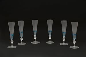 Servizio da sei flute in vetro di Murano, anni '50 del Novecento