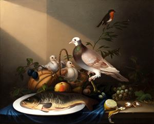 Scuola tedesca, secolo XIX - Still life with fruit, doves and plate with fish