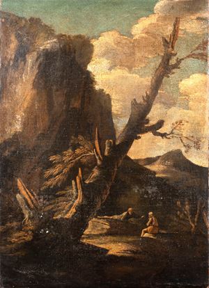Paesaggio roccioso con tronco d'albero ed eremiti