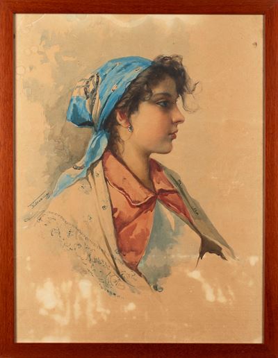 Ritratto di Giovane Popolana con Fazzoletto Azzurro in Testa