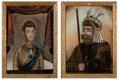 Due Dipinti Persiani Sotto Vetro Raffiguranti Dignitari, Qajar, Secolo XIX