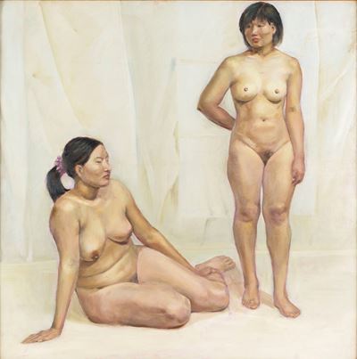Dipinto Raffigurante Due Nudi Femminili, Cina, 1950 Circa