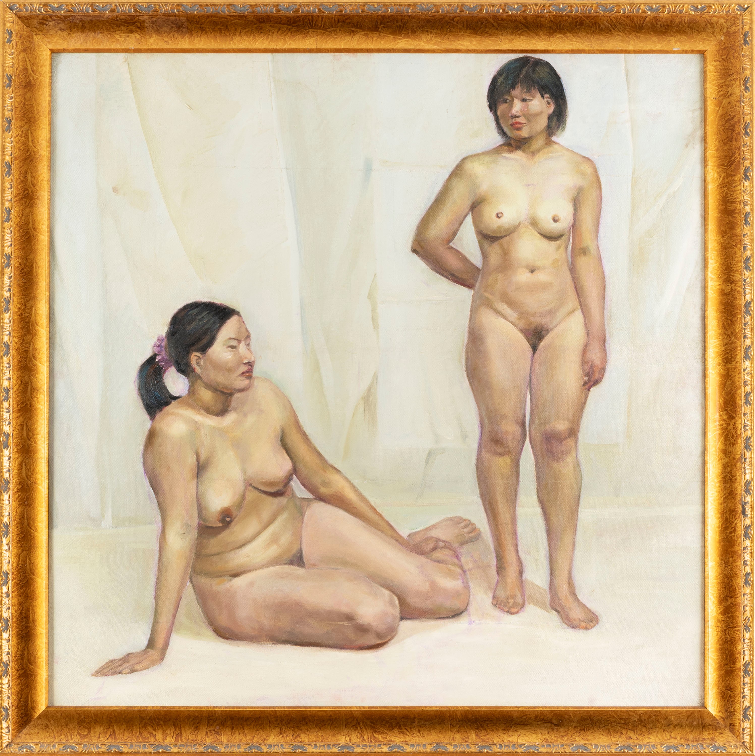 Dipinto Raffigurante Due Nudi Femminili, Cina, 1950 Circa