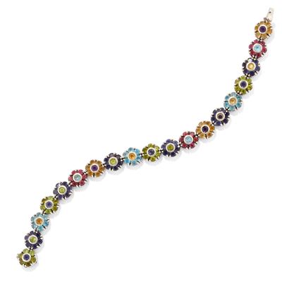 Bracciale in oro bianco 18k con pietre multicolori a forma di fiore
