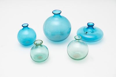 Cinque Vasetti in Vetro Azzurro e Verde Acqua, Venini Anni '80 del Novecento