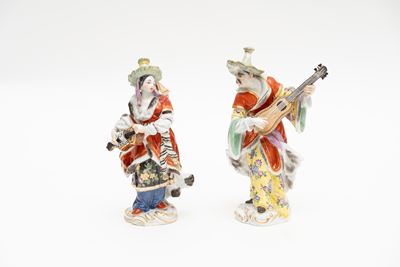 Coppia di Sculture in Porcellana Policroma Raffiguranti i Musici di Malabar, Manifattura di Meiss...