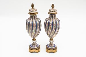 Pair of polychrome porcelain vases, Sevres manufacture, late 19th century - early 20th century