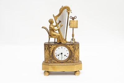 Pendola Impero in Bronzo Dorato con Fanciulla che Suona L'arpa, Inizi Secolo XIX