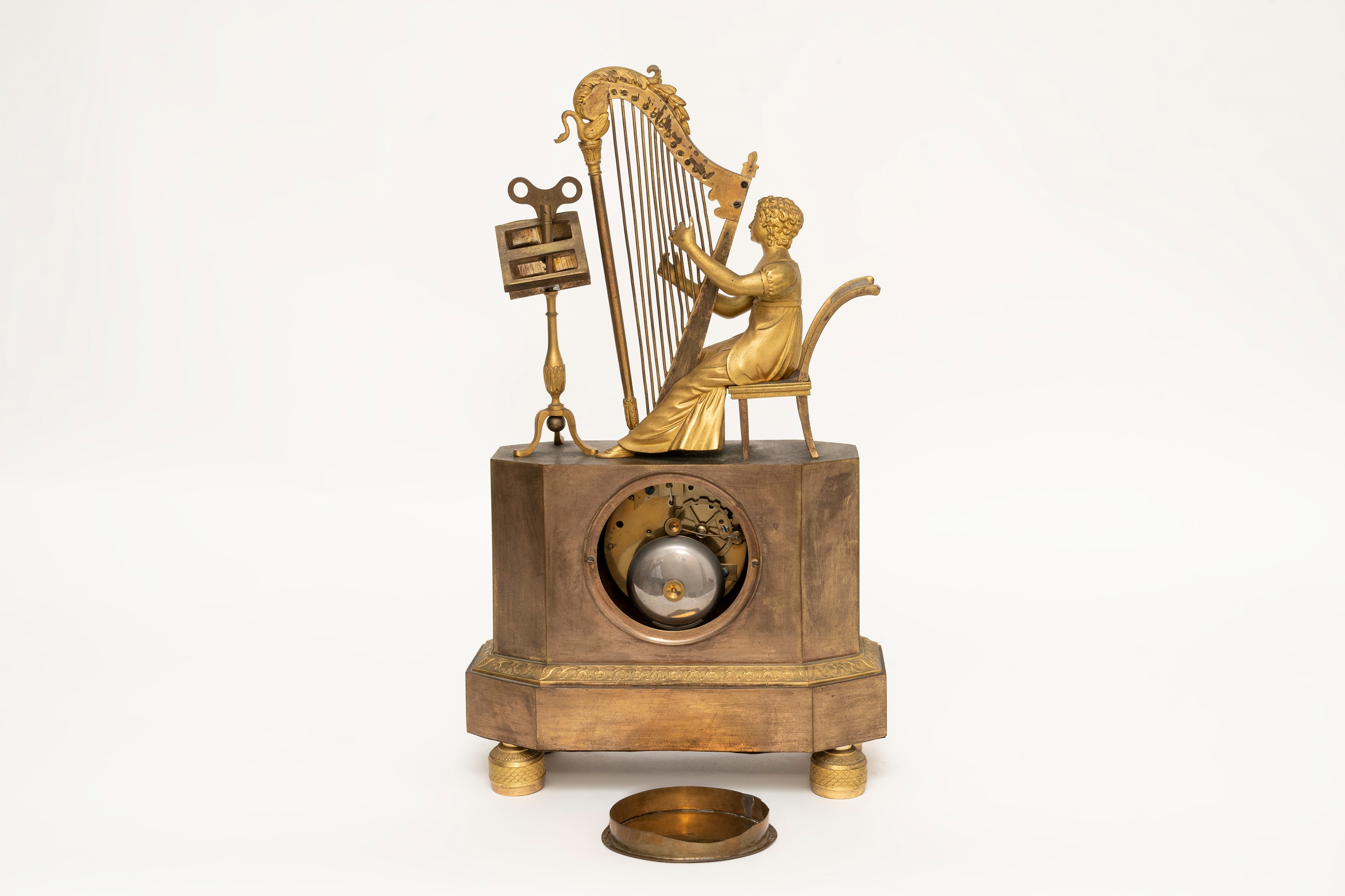 Pendola Impero in Bronzo Dorato con Fanciulla che Suona L'arpa, Inizi Secolo XIX