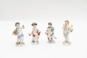 Quattro putti in porcellana policroma, raffiguranti allegorie delle Quattro Stagioni, manifattura di Messein, secolo XX