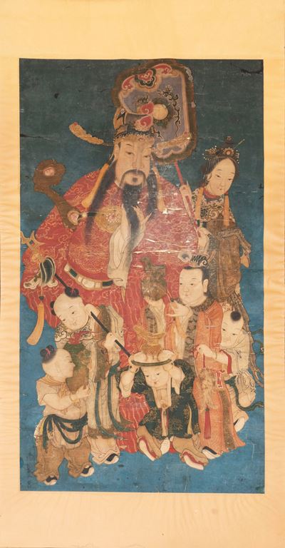 Grande Dipinto Raffigurante Dignitario con Fanciulli che Giocano, Cina, Dinastia Qing, Secolo XVI...