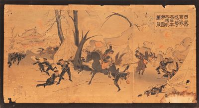 Quattro Stampe Raffiguranti Scene di Battaglia, Giappone, Inizi XX Secolo