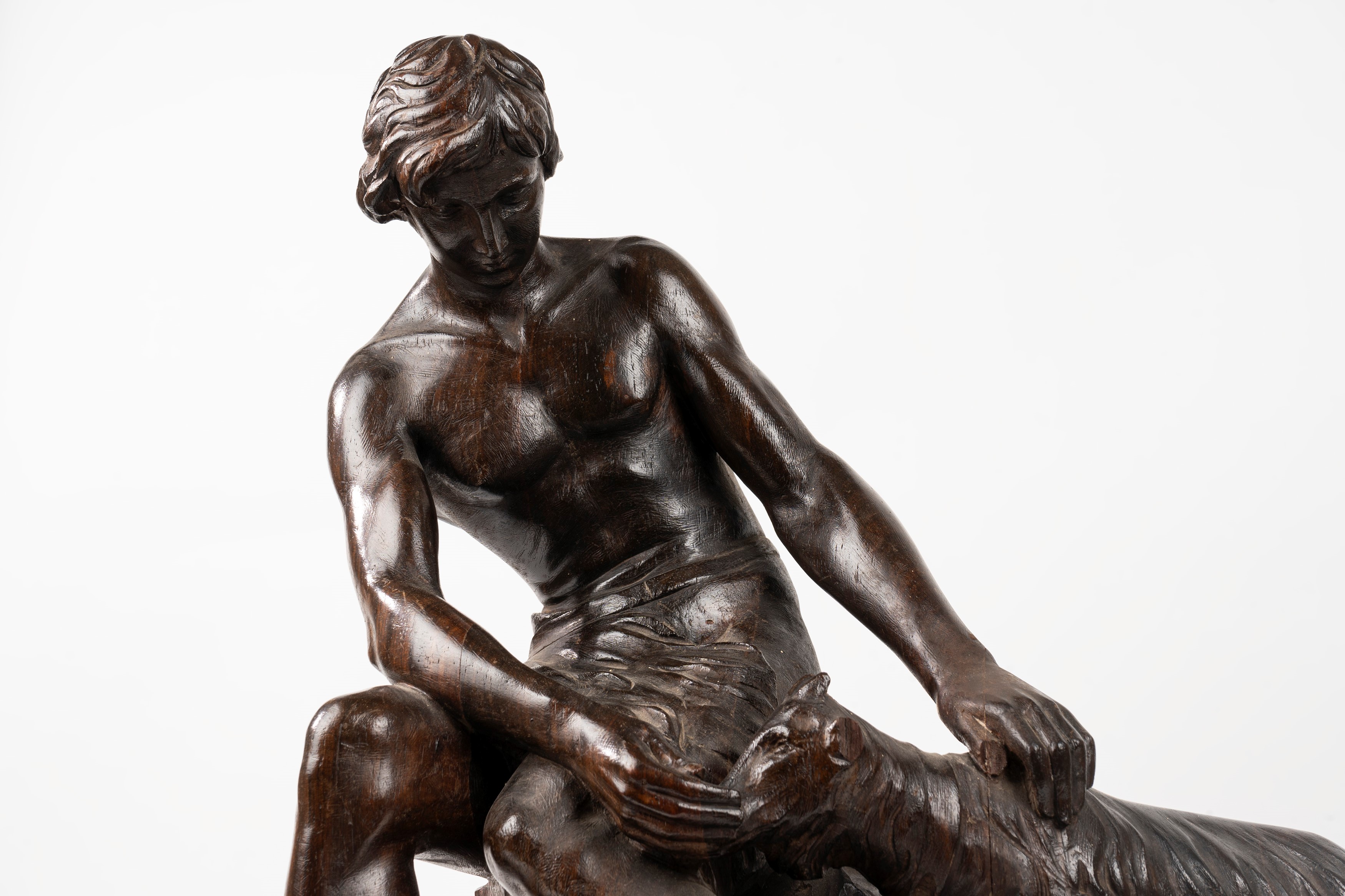 Scuola Italiana, Secolo XIX - Scultura in Legno Raffigurante Fanciullo con Capretta