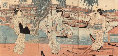 Keisai Eisen, Trittico di incisioni giapponesi raffiguranti tre dame elegantemente vestite con vi...