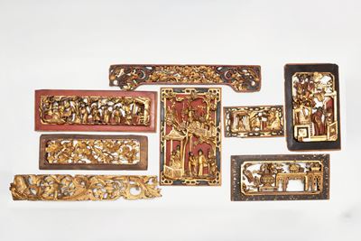 Otto Elementi in Legno Laccato e Dorato, Cina, Secolo XIX