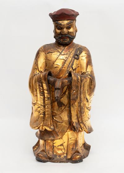 Bodhidharma in Papier-maché con Testa e Mani in Legno Laccato e Dorato, Cina Epoca Ming