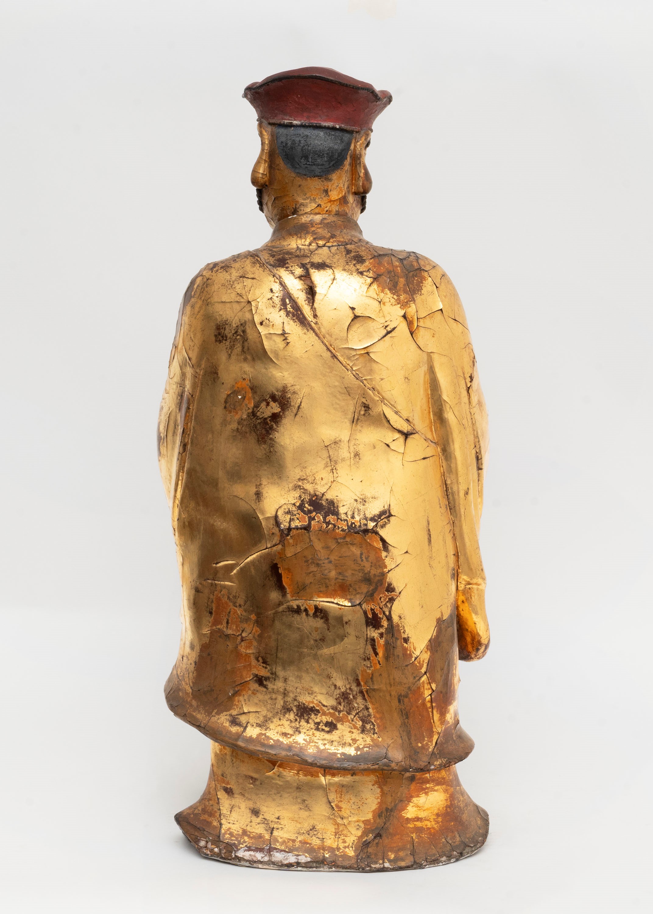 Bodhidharma in Papier-maché con Testa e Mani in Legno Laccato e Dorato, Cina Epoca Ming