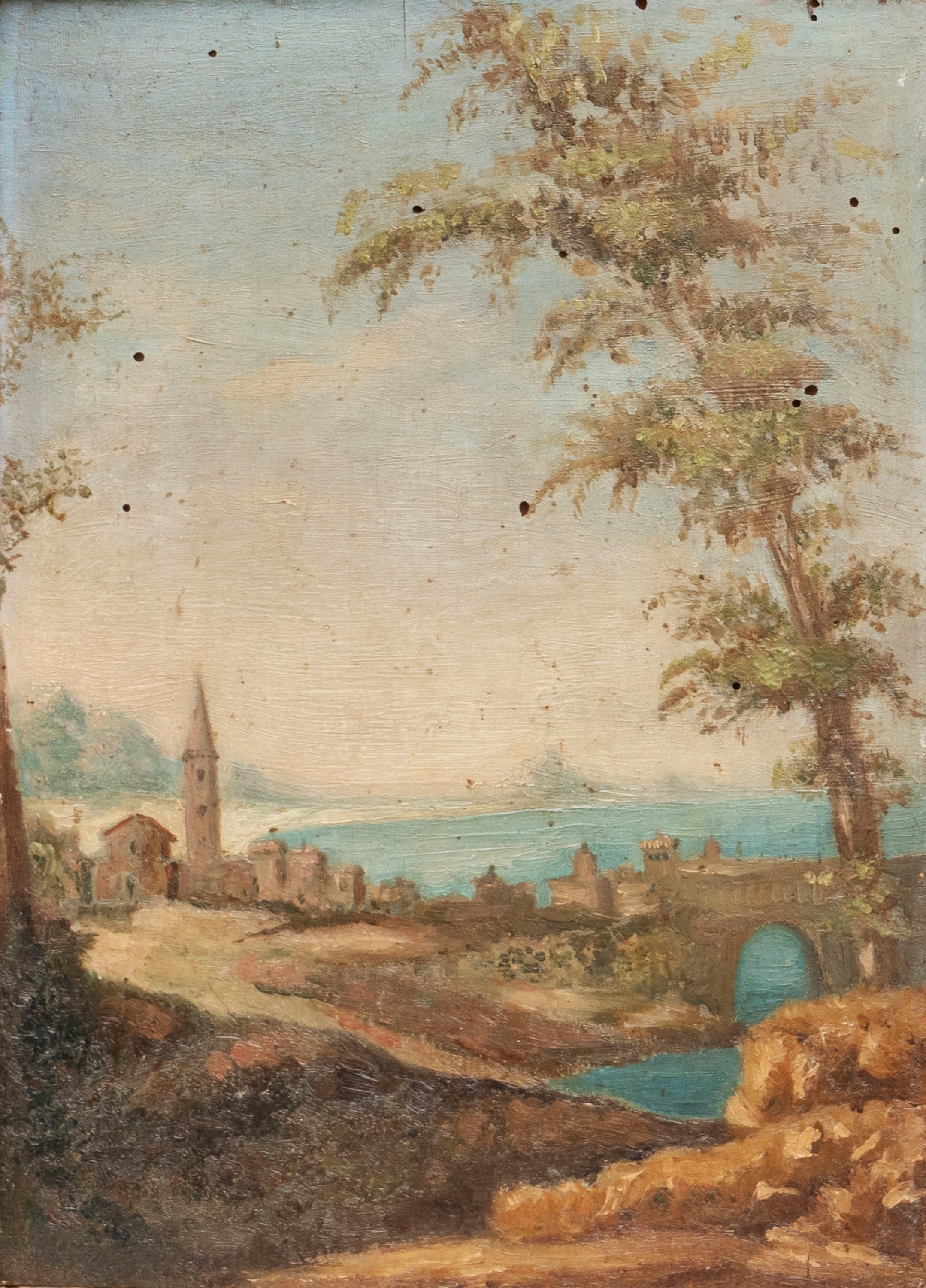 Scuola Italiana, Secolo XVIII - Paesaggio con Borgo e Ponte