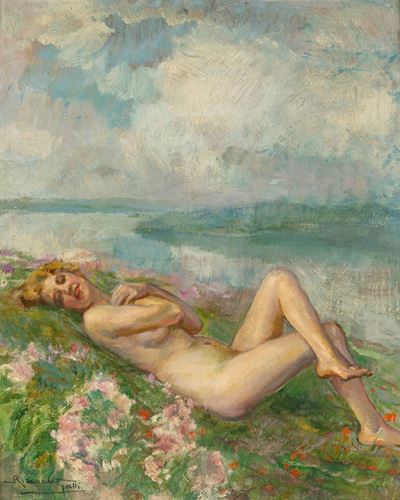 Sogno di primavera (Nudo femminile sul lago di Como), olio su compensato