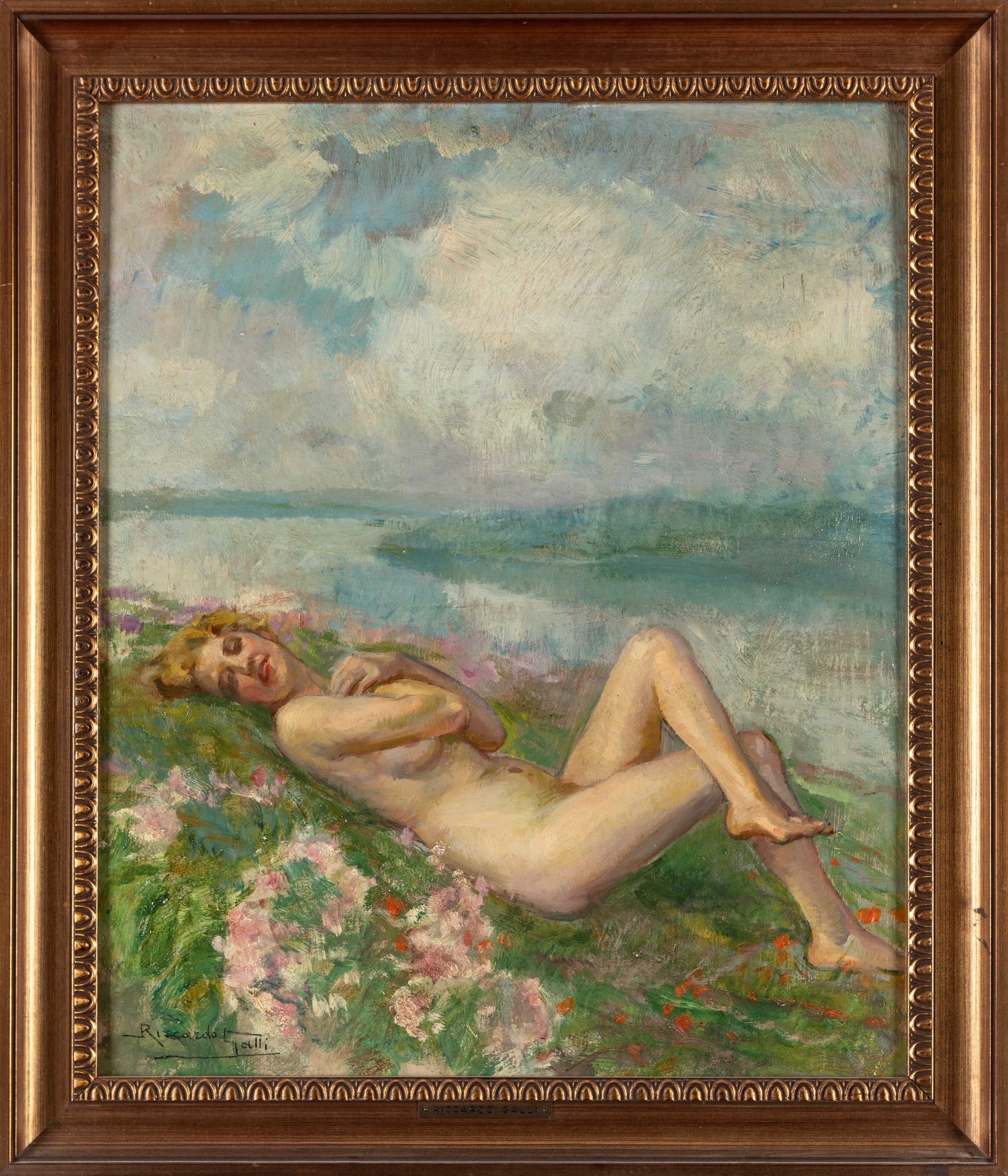 Riccardo Galli - Sogno di primavera (Nudo femminile sul lago di Como), olio su compensato