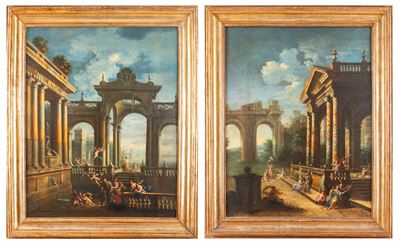 Autore sconosciuto, Due capricci architettonici con figure, coppia di oli su tela