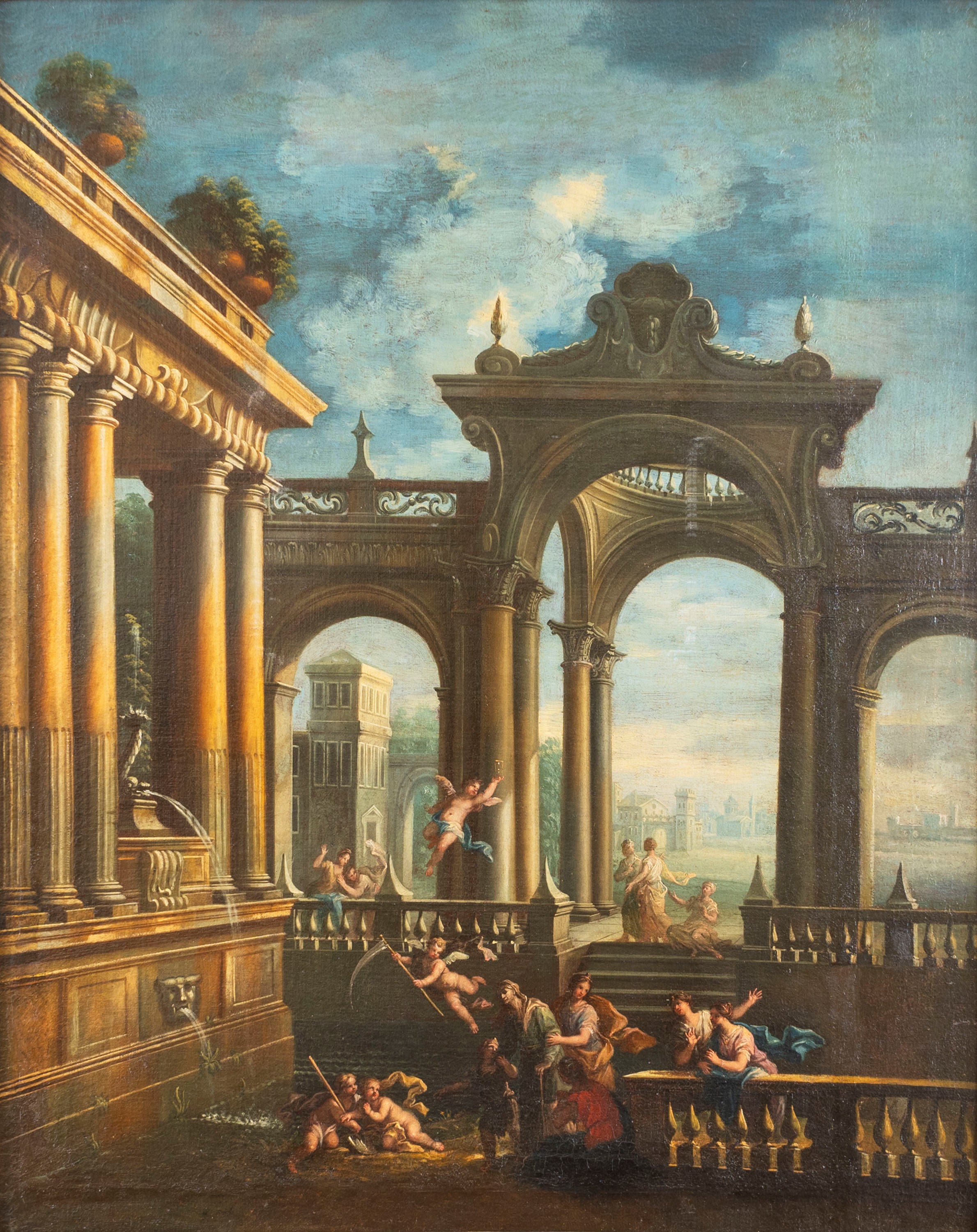 Scuola Bolognese, Secolo XVIII - Autore sconosciuto, Due capricci architettonici con figure, copp...