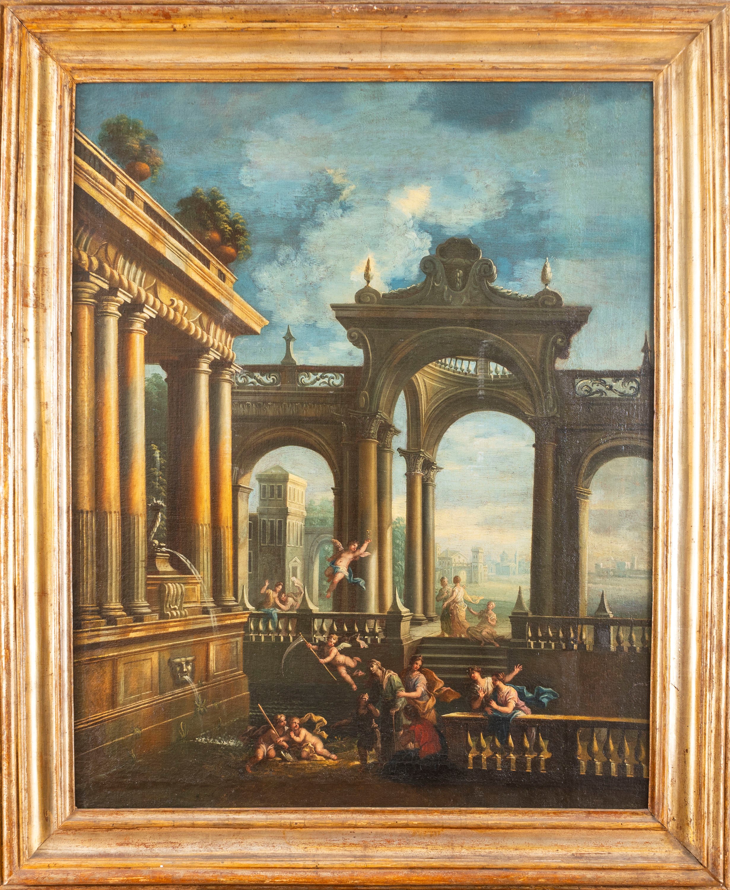 Scuola Bolognese, Secolo XVIII - Autore sconosciuto, Due capricci architettonici con figure, copp...