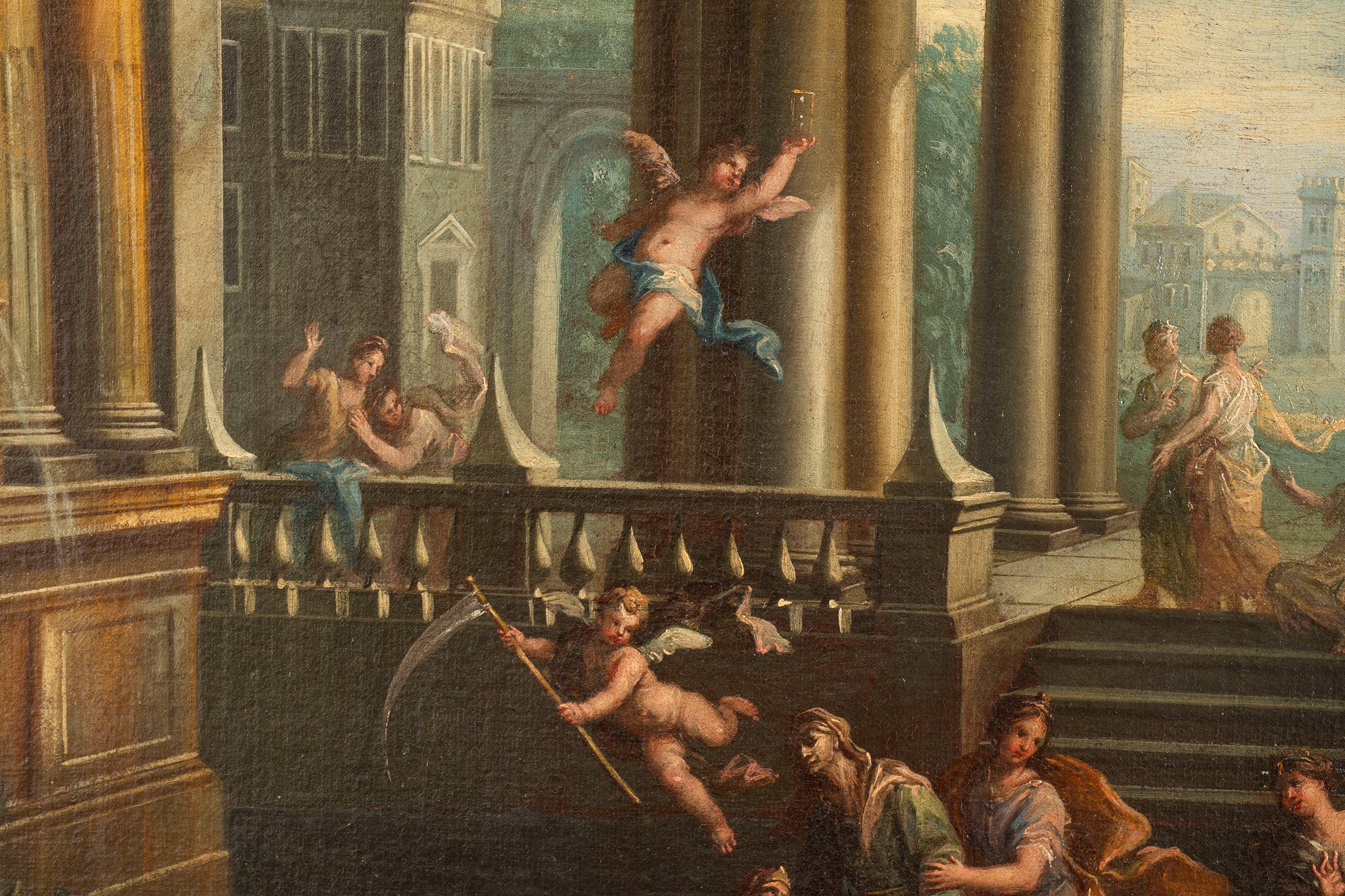 Scuola Bolognese, Secolo XVIII - Autore sconosciuto, Due capricci architettonici con figure, copp...