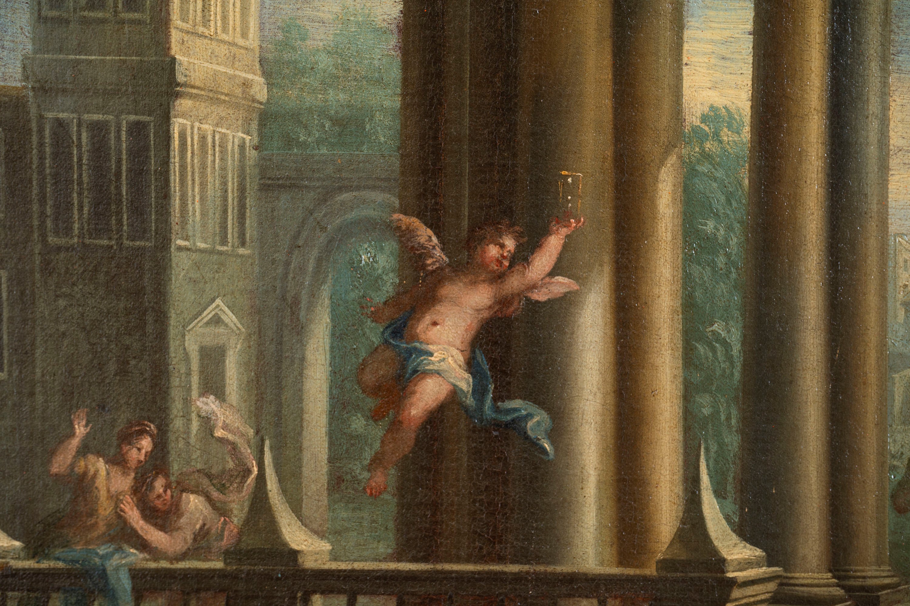 Scuola Bolognese, Secolo XVIII - Autore sconosciuto, Due capricci architettonici con figure, copp...