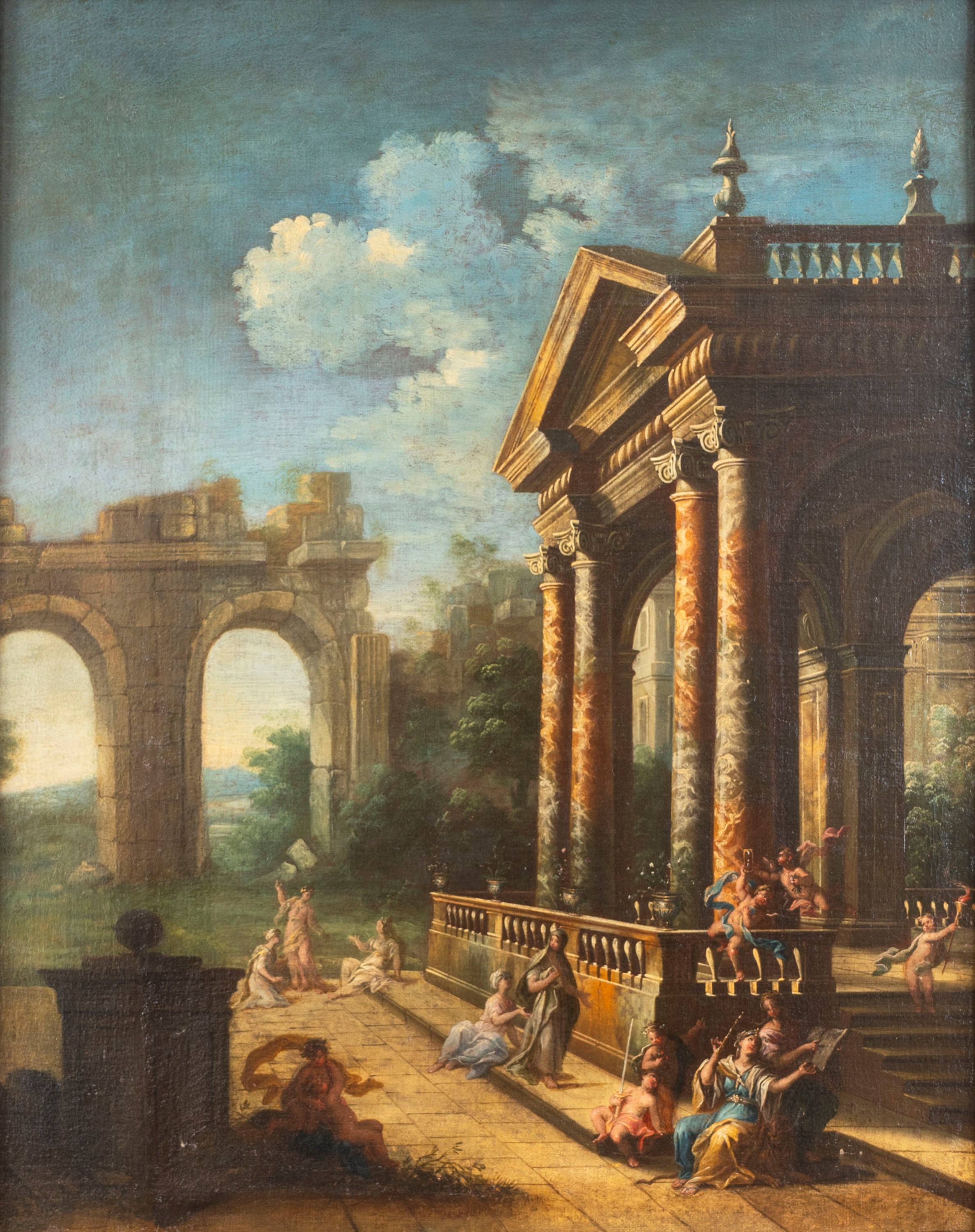Scuola Bolognese, Secolo XVIII - Autore sconosciuto, Due capricci architettonici con figure, copp...