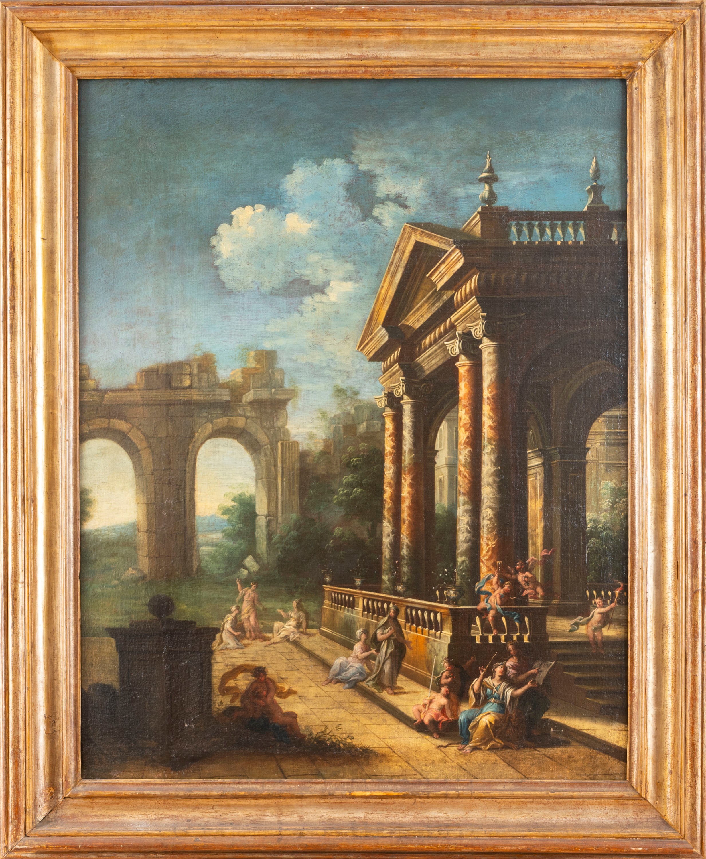 Scuola Bolognese, Secolo XVIII - Autore sconosciuto, Due capricci architettonici con figure, copp...
