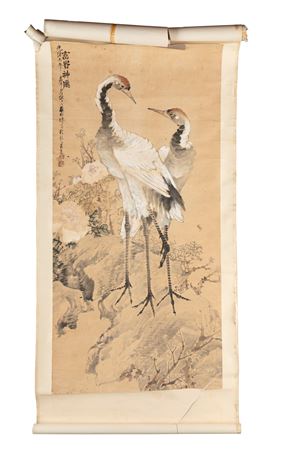 DIPINTO SU CARTA RAFFIGURANTE DUE GRU