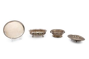  - Three silver serving dishes and a small tray