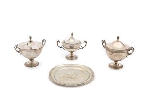 Three silver sugar bowls and a saucer