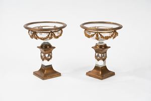 Coppia di alzate in bronzo dorato e cristallo, Francia inizi secolo XX