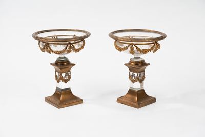 Coppia di Alzate in Bronzo Dorato e Cristallo, Francia Inizi Secolo XX