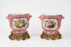  - Pair of double-handled polychrome porcelain vases on gilded bronze bases, Saint Amand les Eaux production, 19th century