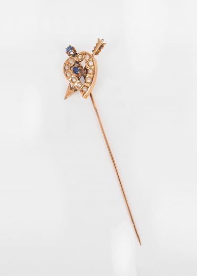 Spilla in Oro Rosa 9k con Perline e Zaffiri a Forma di Cuore, Secolo XX