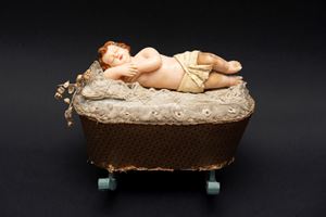  - Painted wax baby on cradle with music box and rocking chair, Sicily, early 20th century