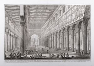 Spaccato interno della Basilica di S.Paolo fuori delle Mura, eretta da costantino Magno, divisa in cinque Navate co' sua Crociata..