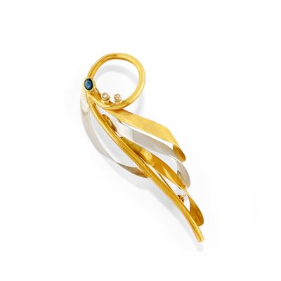 Spilla in oro bicolore 18k con zaffiro ovale e diamanti