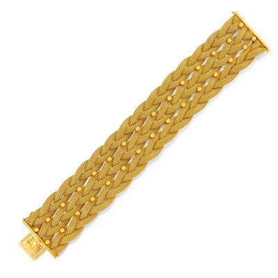 Bracciale in oro giallo 18k con maglie intrecciate e boules