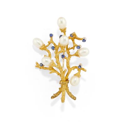 Spilla in oro giallo 18k a forma d'albero con perle coltivate e zaffiri
