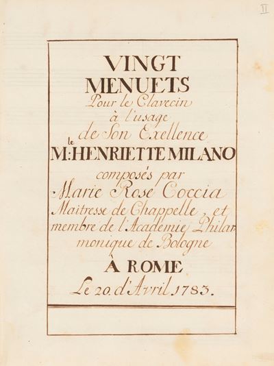 Vingt menuets pour le clavecin à l'usage de Son Exellence M: Henriette Milano, manoscritto musica...