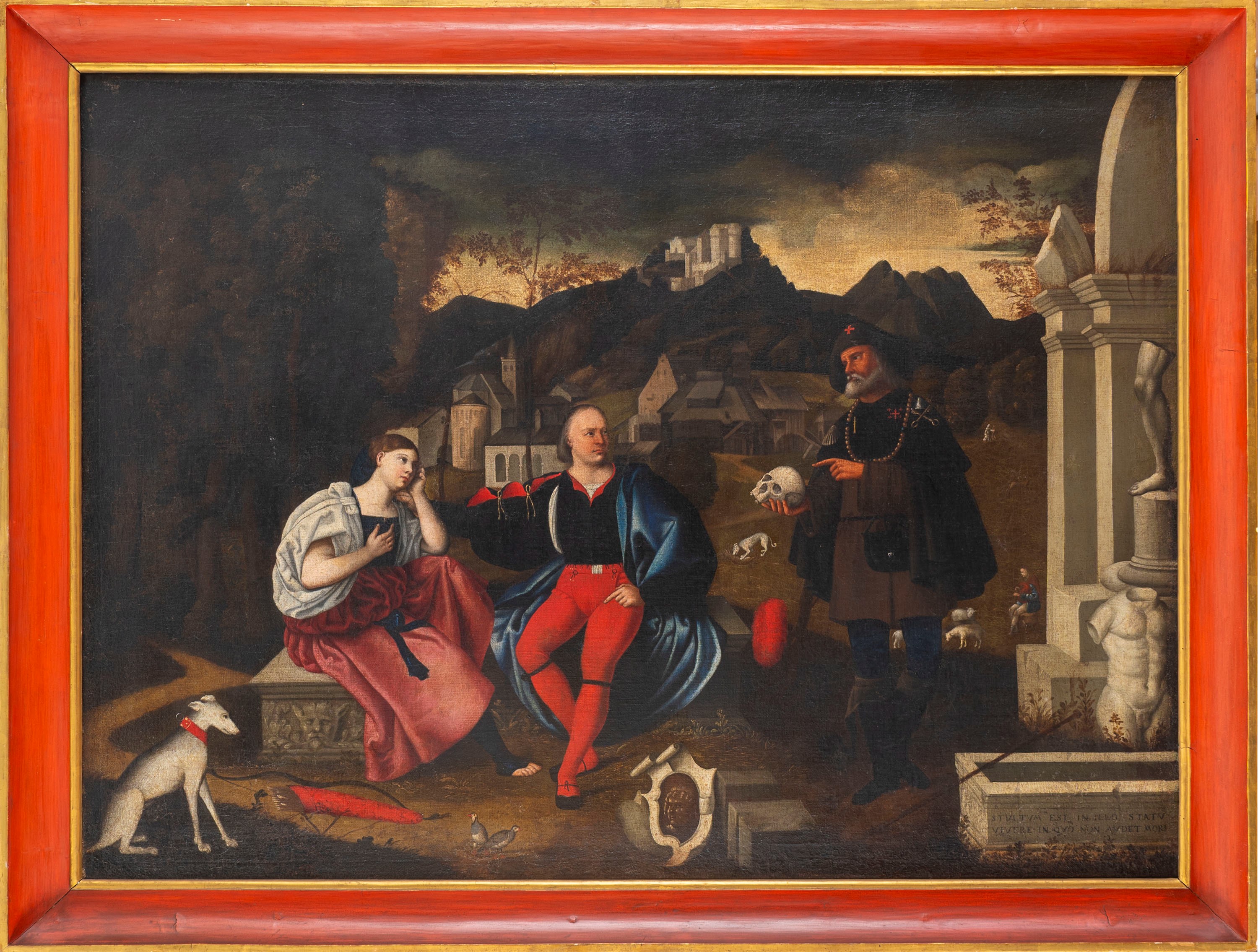 Scuola Veneta, Fine Secolo XVI - Scuola veneta, Scena allegorica con pellegrino che ammonisce due...