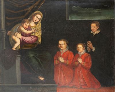 Autore sconosciuto, Madonna con Bambino con donatrice e le sue figlie, olio su tela