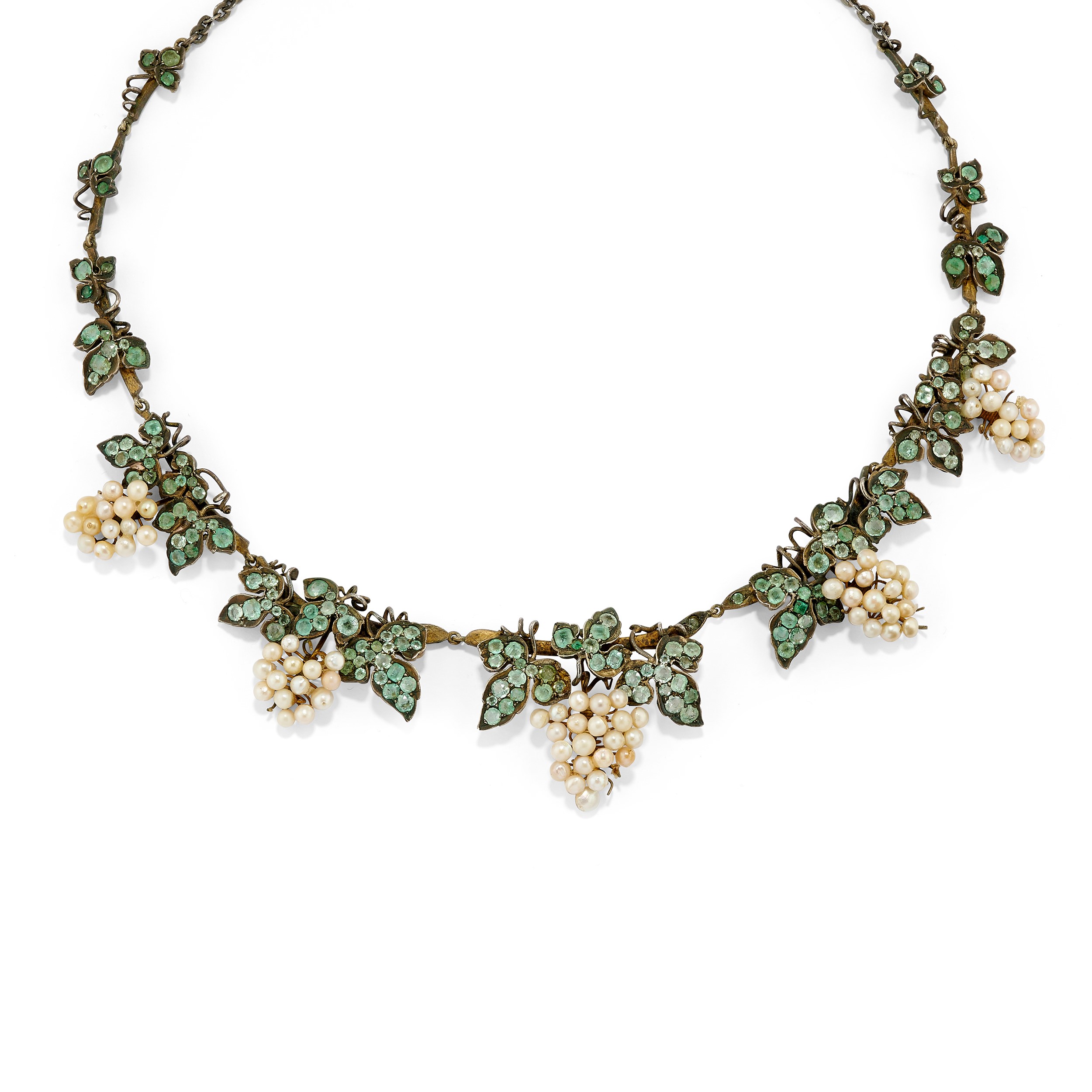 Demi parure in argento con smeraldi e perle d'imitazione